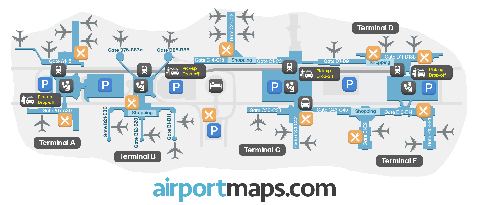 George Bush Intercontinental Airport (IAH) map with terminals ...