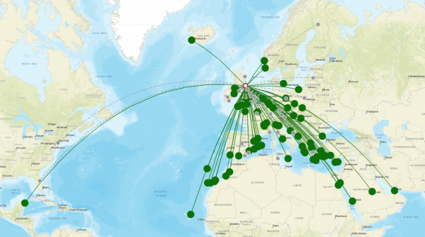 Newcastle Airport destination map