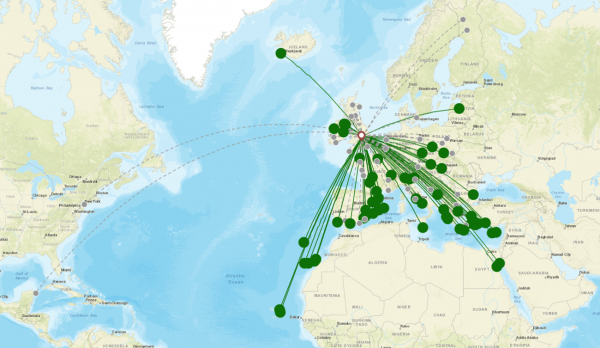 Nottingham Airport destination map