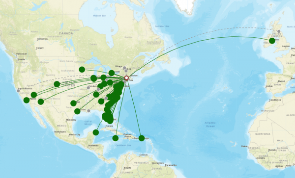 Bradley Airport destination map