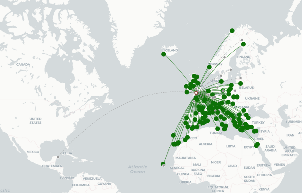 Bristol Airport destination map