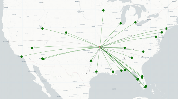 Northwest Arkansas Airport destination map