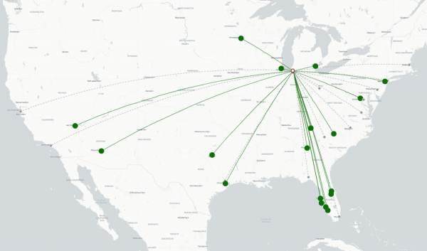 South Bend Airport destination map